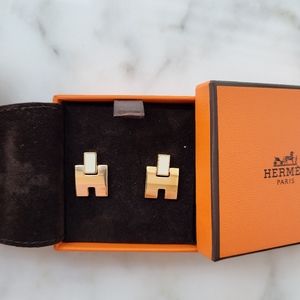Hermes H logo earrings white/gold, holiday gift